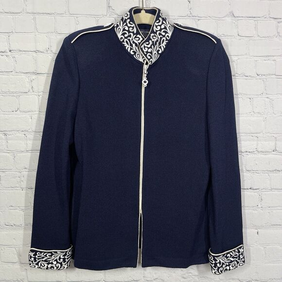 St John Navy Zip Up Jacket Size 2 XS Embroidered Collar Preppy Evening Office - Picture 2 of 12